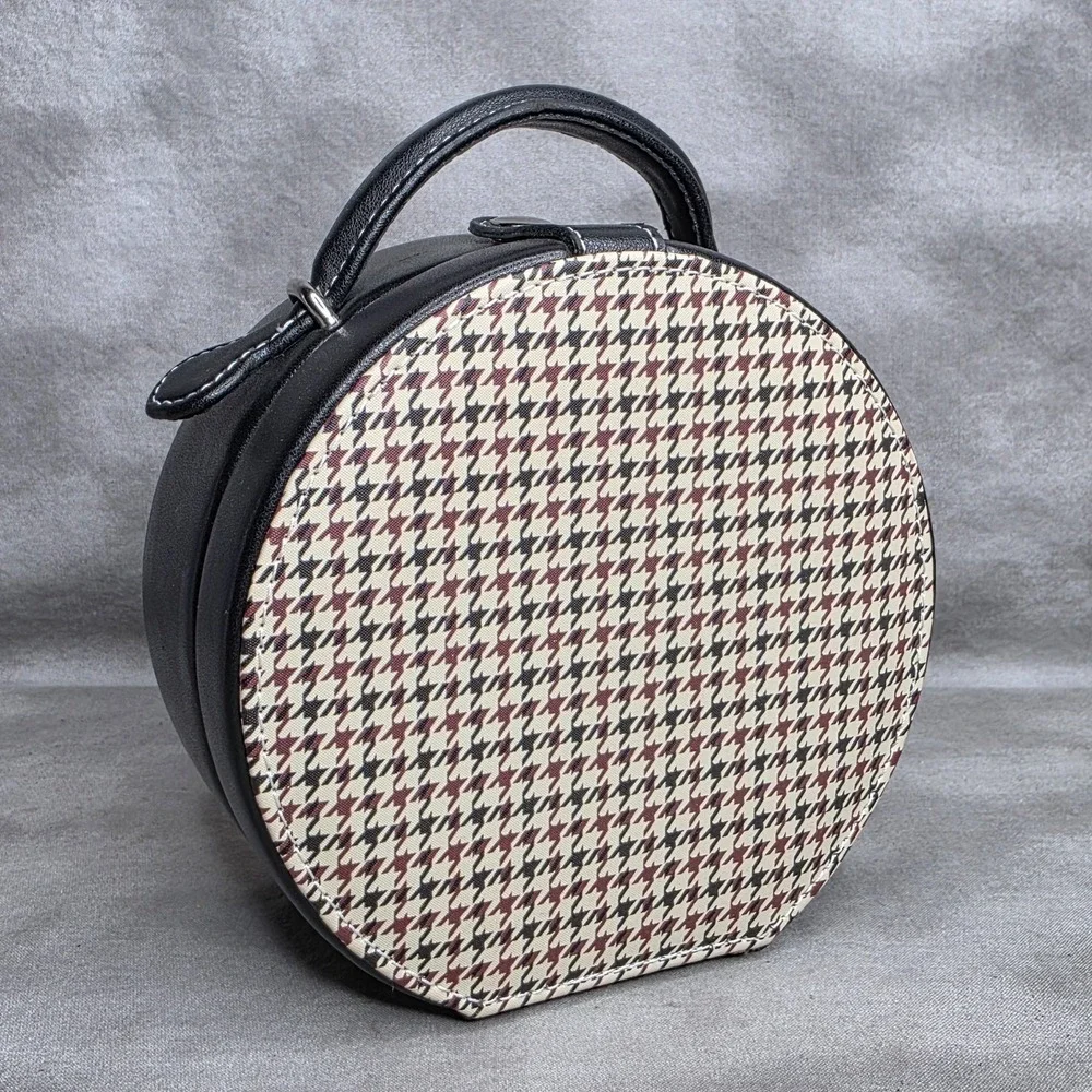 Vanity Jewelry Case Houndstooth Inset‎ & Black Leather Inside Mirror w/Pocket
